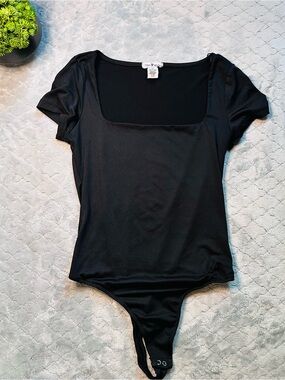 🖤Coquette Ballet Core Square Neck Bodysuit Love Wish Black Stretch Top M